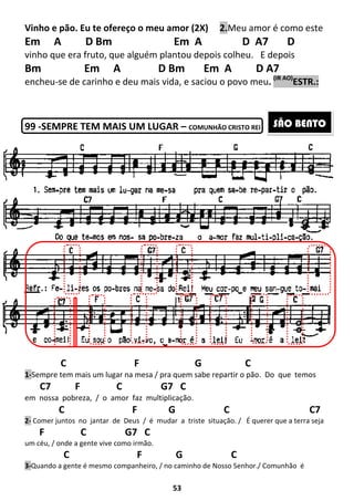 53
Vinho e pão. Eu te ofereço o meu amor (2X) 2.Meu amor é como este
Em A D Bm Em A D A7 D
vinho que era fruto, que alguém plantou depois colheu. E depois
Bm Em A D Bm Em A D A7
encheu-se de carinho e deu mais vida, e saciou o povo meu. (IR AO)
ESTR.:
99 -SEMPRE TEM MAIS UM LUGAR – COMUNHÃO CRISTO REI
C F G C
1-Sempre tem mais um lugar na mesa / pra quem sabe repartir o pão. Do que temos
C7 F C G7 C
em nossa pobreza, / o amor faz multiplicação.
C F G C C7
2- Comer juntos no jantar de Deus / é mudar a triste situação. / É querer que a terra seja
F C G7 C
um céu, / onde a gente vive como irmão.
C F G C
3-Quando a gente é mesmo companheiro, / no caminho de Nosso Senhor./ Comunhão é
SÃO BENTO
 