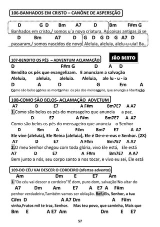 57
106-BANHADOS EM CRISTO – CANÔNE DE ASPERSÇÃO
D G D Bm A7 D Bm F#m G
Banhados em cristo,/ somos u´a nova criatura. As coisas antigas já se
D Bm A7 D G D G D G A7 D
passaram,/ somos nascidos de novo. Aleluia, aleluia, alelu-u-uia! Ba..
107-BENDITO OS PÉS – ADVENTUM ACLAMAÇÃO
D F#m G D A D
Bendito os pés que evangelizam. E anunciam a salvação
Aleluia, aleluia, aleluia. Aleluia, ale lu - u - ia
D A D G Em A
Como são belos sobres as montanhas os pés dos mensageiro, que anuncia a libertação
108-COMO SÃO BELOS- ACLAMAÇÃO ADVETUM
A7 D E7 A F#m Bm7E7 A A7
1.Como são belos os pés do mensageiro que anuncia a paz.
D E7 A F#m Bm7E7 A A7
Como são belos os pés do mensageiro que anuncia o Senhor
D Bm A F#m Bm7 E7 A A7
Ele vive (aleluia), Ele Reina (aleluia), Ele é De-e-e-eus e Senhor. (2X)
A7 D E7 A F#m Bm7E7 A A7
2.O meu Senhor chegou com toda glória, vivo Ele está, Ele está
A7 D E7 A F#m Bm7E7 A A7
Bem junto a nós, seu corpo santo a nos tocar, e vivo eu sei, Ele está
109-DO CÉU VAI DESCER O CORDEIRO (ofertas advento)
Am Dm E E7 Am
1.“Do céu vai descer o cordeiro”!É dom, puro dom, salvação!No altar do
A7 Dm Am E7 A E7 A F#m
penhor verdadeiro,Também vamos ser oblação. Ref.:Eis, Senhor, a tua
C#m D A A7 Dm A F#m
vinha,Frutos mil te traz, Senhor. Mas teu povo, que caminha, Mais que
Bm E A E7 Am Dm E E7
SÃO BENTO
 