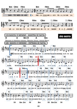 119-NASCEU O MENINO –
D A Bm D
Nasceu o menino nasceu. Nasceu Jesus, nosso Deus.
120- NASCEU O MENINO –
F# Bm Em F# Bm
. SAN - TO MES –SI –AS! .
-
Bm C#m F#m Bm F#m
Bm C#m F#m
VÁ - LA BEN -DI – TO SE
REF.: NAS-CEU-NOS HO-JE UM ME
Bm
NI-NO, REI DA PAZ SE-RÁ CHA
Em F#
LU-IA, A - LE- LU-IA
Bm Bm
MA –RA –VI -LHA,TÃO GRANDE!
F# Bm
UM CAN -TO NO-VO UM LOU-VOr!
G F# Em
63
MANTRA DE NATAL
D A Bm
Nasceu o menino nasceu. Nasceu Jesus, nosso Deus.
– ENTRADA DE NATAL
Bm Em F# Bm F# Bm Em F#
. 4- A - PRE – SA -TEEM VIR LI – BER
Bm C#m F#m Bm F#m
Bm C#m F#m C#m [1.F#m
TO SE - NHOR! BEM - DI – TO SE - NHOR!
2X
JE UM ME- NI – NO E UM FI - LHO NOS FOI DADO GRAND
Em F# Bm
RÁ CHA–MA –DO, A- LE - LU – IA, A- LE – LU-IA, A
F# Bm Em Bm F#
IA 1-CAN- TAI, CANTAI AO SENHOR! UM CAN -TO NO
F# Bm Em F# Bm
LHA,TÃO GRANDE! UM CAN -TO NO-VO UM LOU-VOR! POR TAL VI
Em F# Bm Em Bm
POR UM AMOR TÃO FI – EL UM CAN -TO
# Em Bm G F# Bm
2X
Em F#
BER - TÁ – LA, EM VIR SAL
C#m F#m
F#m [2.F#m
NHOR! 4 - A...] ...NHOR]
LHO NOS FOI DADO GRANDEÉ ES-TE PE - QUE-
Em F# Bm
IA, A – LE – LU-IA, A - LE-
Em Bm F#
TO NO-VO UM LOUVOR! POR
Em F# Bm
POR TAL VI-TÓ-RIAE PO-DER
Em Bm
NO-VO UM LOU-VOR!
G F# Bm
SÃO BENTO
 