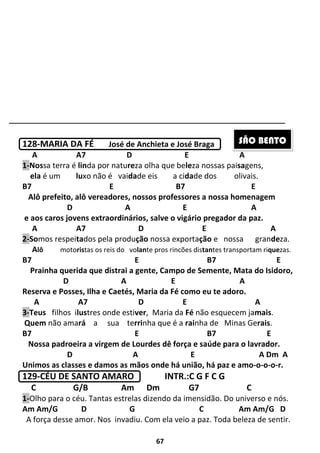 67
128-MARIA DA FÉ José de Anchieta e José Braga
A A7 D E A
1-Nossa terra é linda por natureza olha que beleza nossas paisagens,
ela é um luxo não é vaidade eis a cidade dos olivais.
B7 E B7 E
Alô prefeito, alô vereadores, nossos professores a nossa homenagem
D A E A
e aos caros jovens extraordinários, salve o vigário pregador da paz.
A A7 D E A
2-Somos respeitados pela produção nossa exportação e nossa grandeza.
Alô motoristas os reis do volante pros rincões distantes transportam riquezas.
B7 E B7 E
Prainha querida que distrai a gente, Campo de Semente, Mata do Isidoro,
D A E A
Reserva e Posses, Ilha e Caetés, Maria da Fé como eu te adoro.
A A7 D E A
3-Teus filhos ilustres onde estiver, Maria da Fé não esquecem jamais.
Quem não amará a sua terrinha que é a rainha de Minas Gerais.
B7 E B7 E
Nossa padroeira a virgem de Lourdes dê força e saúde para o lavrador.
D A E A Dm A
Unimos as classes e damos as mãos onde há união, há paz e amo-o-o-o-r.
129-CÉU DE SANTO AMARO INTR.:C G F C G
C G/B Am Dm G7 C
1-Olho para o céu. Tantas estrelas dizendo da imensidão. Do universo e nós.
Am Am/G D G C Am Am/G D
A força desse amor. Nos invadiu. Com ela veio a paz. Toda beleza de sentir.
SÃO BENTO
 