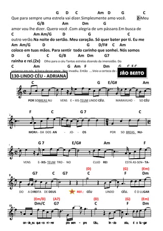 G D C
Que para sempre uma estrela vai dizer
G/B Am Dm G
amor vou lhe dizer. Quero você .Com alegria de um pássaro.Em busca de
C Am Am/G
outro verão.Na noite do sertão. Meu coração. Só quer bater por ti. Eu me
Am Am/G D G D
coloco em tuas mãos. Para sentir todo carinho que sonhei. Nós somos
D G C G/B Am Dm
rainha e rei.(2x) Olho para o céu Tantas estrelas dizendo da imensidão
C Am
universo em nós A força desse amor
130-LINDO CÉU - ADRIANA
G7 C
Dm/C G7 C F
C
F C
G 7 E/G# Am F
POR SOBREAS NU
MORA - DA DOS AN
VENS E- XIS- TEUM TRO
DO A DIREITA DE DEUS
(Em/D) (A7)
68
G D C Am D
uma estrela vai dizer.Simplesmente amo você.
G/B Am Dm G
amor vou lhe dizer. Quero você .Com alegria de um pássaro.Em busca de
C Am Am/G D G C
Na noite do sertão. Meu coração. Só quer bater por ti. Eu me
Am Am/G D G D/F# C Am
. Para sentir todo carinho que sonhei. Nós somos
C G/B Am Dm G7
Olho para o céu Tantas estrelas dizendo da imensidão. Do
G Am F Dm
universo em nós A força desse amor Nos invadiu. Então ....Veio a certeza de amar você
ADRIANA
C G7 C F
Dm/C G7 C F
G E/G# Am
G 7 C
7 E/G# Am F
VENS E – XIS-TEUM LINDO CÉU. MARAVILHO
AN - JO- - OS POR SO
TRO - NO CUJO REI
* REF.: CÉU LINDO
(D)
(A7) (D) (G) (Em)
G C
Simplesmente amo você. 2-Meu
amor vou lhe dizer. Quero você .Com alegria de um pássaro.Em busca de
D G C
Na noite do sertão. Meu coração. Só quer bater por ti. Eu me
C Am
. Para sentir todo carinho que sonhei. Nós somos
Do
G C F C
Nos invadiu. Então ....Veio a certeza de amar você
C F Dm
Dm/C G7 C F Dm
G E/G# Am
7 C
7 E/G# Am F
MARAVILHO - SO CÉU
POR SO BREAS NU-
ESTÁ AS-SEN– TA-
LINDO CÉU. É O LUGAR
(G) (Em)
(D) (G) (Em)
SÃO BENTO
 