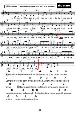 151-O NOSSO DEUS COM AMOR SEM MEDIDA
D A
2-Participar é criar comunhão, fermento no pão, saber repartir.
D
Comprometer-se com a vida do irmão, viver a missão de se dar e
D D
Servir .3-Os grãos de trigo em farinha se tornam, depois se
D A
transformam em vida no pão.Assim também quando participamos,
G D A
unidos criamos maior comunhão.
80
O NOSSO DEUS COM AMOR SEM MEDIDA – OFERTAS
D G D A
Participar é criar comunhão, fermento no pão, saber repartir.
A D G D
se com a vida do irmão, viver a missão de se dar e
A D
Os grãos de trigo em farinha se tornam, depois se
D D
transformam em vida no pão.Assim também quando participamos,
D
unidos criamos maior comunhão.
A D
Participar é criar comunhão, fermento no pão, saber repartir.
A
se com a vida do irmão, viver a missão de se dar e
G
Os grãos de trigo em farinha se tornam, depois se
A D
transformam em vida no pão.Assim também quando participamos,
SÃO BENTO
 