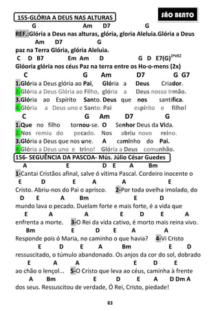 83
155-GLÓRIA A DEUS NAS ALTURAS
G Am D7 G
REF.:Glória a Deus nas alturas, glória, gloria Aleluia.Glória a Deus
Am D7 G
paz na Terra Glória, glória Aleluia.
C D B7 Em Am D G D E7(G)2ªVEZ
Glóoria glória nos céus Paz na terra entre os Ho-o-mens (2x)
C G Am D7 G G7
1.Glória a Deus glória ao Pai, Glória a Deus Criador.
2.Glória a Deus Glória ao Filho, glória a Deus nosso Irmão.
3.Glória ao Espírito Santo. Deus que nos santifica.
4.Glória a Deus uno e Santo: Pai espírito e filho!
C G Am D7 G
1.Que no filho tornou-se. O Senhor Deus da Vida.
2.Nos remiu do pecado. Nos abriu novo reino.
3.Glória a Deus que nos une. A caminho do Pai.
4.Glória a Deus uno e trino! Glória a Deus comunhão.
156- SEGUÊNCIA DA PASCOA- Mús. Júlio César Guedes
A E D E A Bm
1-Cantai Cristãos afinal, salve ó vítima Pascal. Cordeiro inocente o
E D E A A E
Cristo. Abriu-nos do Pai o aprisco. 2-Por toda ovelha imolado, do
D E A Bm E D
mundo lava o pecado. Duelam forte e mais forte, é a vida que
E A A E D E A
enfrenta a morte. 3-O Rei da vida cativo, é morto mais reina vivo.
Bm E D E A A
Responde pois ó Maria, no caminho o que havia? 4-Vi Cristo
E D E A Bm E D
ressuscitado, o túmulo abandonado. Os anjos da cor do sol, dobrado
E A A E D E
ao chão o lençol... 5-O Cristo que leva ao céus, caminha à frente
A Bm E D E A D Dm A
dos seus. Ressuscitou de verdade, Ó Rei, Cristo, piedade!
SÃO BENTO
 