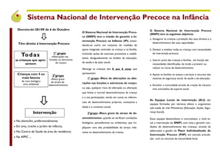 Sistema Nacional de Intervenção Precoce na Infância
     Decreto-lei 281/09 de 6 de Outubro                                                                  O Sistema Nacional de Intervenção Precoce
                                                     O Sistema Nacional de Intervenção Preco-

                         
                                                                                                         (SNIPI) tem os seguintes objetivos:
                                                     ce (SNIPI) tem a missão de garantir a In-
                                                                                                         a. Assegurar às crianças a proteção dos seus direitos e o
                                                     tervenção Precoce na Infância (IPI), enten-
     Têm direito à Intervenção Precoce                                                                      desenvolvimento das suas capacidades;
                                                     dendo-se como um conjunto de medidas de
                                                     apoio integrado centrado na criança e na família,   b. Detetar e sinalizar todas as crianças com necessidades

       To d a s                 1º grupo
                               «Alterações nas
                                                     incluindo ações de natureza preventiva e reabili-
                                                     tativa, designadamente no âmbito da educação,
                                                                                                            de intervenção precoce;

    as crianças que apre-    funções ou estruturas                                                       c. Intervir junto das crianças e famílias , em função das
                                  do corpo»          da saúde e da ação social.
           sentem                                                                                           necessidades identificadas, de modo a prevenir ou
                                                     Abrange as crianças dos 0 aos 6 anos, que              reduzir os riscos de desenvolvimento;

     Crianças com 4 ou                               apresentem:                                         d. Apoiar as famílias no acesso a serviços e recursos dos
                                2ºgrupo
        mais fatores           «Risco grave              1º grupo «Risco de alterações ou alte-             sistemas da segurança social, da saúde e da educação;
        de risco biológico     de atraso de
         e/ou ambiental                              rações nas funções e estruturas do corpo»
                             desenvolvimento»                                                            e. Envolver a comunidade através da criação de mecanis-
                                                     ou seja, qualquer risco de alteração ou alteração      mos articulados de suporte social.
                                                     que limite o normal desenvolvimento da criança



                        
                                                     e a sua participação, tendo em conta os referen-
                                                                                                         As Equipas Locais de intervenção (ELI), são
                                                     ciais de desenvolvimento próprios, consoante a
                                                                                                         equipas formadas por técnicos afetos a organismos
                                                     idade e o contexto social;                          sob tutela de três Ministérios (Educação, Saúde, Segu-
                  Intervenção                            2ºgrupo «Risco grave de atraso de de-           rança Social).

                                                     senvolvimento» quando se verificam condições        Estas equipas desenvolvem e concretizam, a nível lo-
   No domicílio, preferencialmente;
                                                     biológicas, psicoafectivas ou ambientais, que im-   cal, a intervenção do SNIPI, com vista a garantir con-
   Em ama, creche e jardim de infância;             pliquem uma alta probabilidade de atraso rele-      dições de desenvolvimento das crianças, através da
   No Centro de Saúde da área de residência;                                                            elaboração e gestão do Plano Individualizado de
                                                     vante no desenvolvimento da criança.
                                                                                                         Intervenção Precoce (PIIP) em estreita articula-
   Na APPC ...
                                                                                                         ção com os recursos da comunidade local.
 