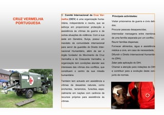 O Comité Internacional da Cruz Ver-         Principais actividades:
CRUZ VERMELHA   melha (CICV) é uma organização huma-
                                                            Visitar prisioneiros de guerra e civis deti-
 PORTUGUESA     nitária, independente e neutra, que se
                                                            dos;
                esforça em proporcionar protecção e
                                                            Procurar pessoas desaparecidas;
                assistência às vítimas da guerra e de
                                                            Intermediar mensagens entre membros
                outras situações de violência. Com a sua
                                                            de uma família separada por um conflito;
                sede em Genebra, Suíça, possui um
                mandato da comunidade internacional         Reunir famílias dispersas;

                para servir de guardião do Direito Inter-   Fornecer alimentos, água e assistência

                nacional Humanitário, além de ser o         médica a civis, em caso de necessidade;

                órgão fundador do Movimento da Cruz         Difundir o Direito Internacional Humanitá-
                Vermelha e do Crescente Vermelho. a         rio (DIH);
                organização tem condições atender aos       Zelar pela aplicação do DIH;
                interesses das vítimas dos conflitos, que   Chamar a atenção para violações do DIH
                constituem o centro da sua missão           e contribuir para a evolução deste con-
                humanitária.                                junto de normas.

                Também tem actuado em assistência a
                vítimas de desastres naturais, como
                enchentes, terramotos, furacões, espe-
                cialmente em nações com carência de
                recursos próprios para assistência às
                vítimas.
 