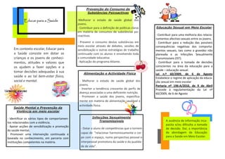 Prevenção do Consumo de
                                                        Substâncias Psicoactivas

            Educar para a Saúde                 -Melhorar o estado de saúde global dos
                                                jovens.
                                                - Contribuir para a definição de políticas claras   Educação Sexual em Meio Escolar
                                                em matéria de consumos de substâncias psi-
                                                coactivas.                                          - Contribuir para uma melhoria dos relacio-
                                                                                                    namentos afectivo-sexuais entre os jovens.
                                                - Prevenir o consumo destas substâncias em          - Contribuir para a redução das possíveis
                                                meio escolar através de debates, sessões de         consequências negativas dos comporta-
    Em contexto escolar, Educar para            sensibilização e outras estratégias de trabalho     mentos sexuais, tais como a gravidez não
    a Saúde consiste em dotar as                continuado com os alunos e envolvendo toda          planeada e as Infecções Sexualmente
    crianças e os jovens de conheci-            a comunidade educativa.                             Transmissíveis (IST).
    mentos, atitudes e valores que              - Aplicação do programa Atlante.                    - Contribuir para a tomada de decisões
    os ajudem a fazer opções e a                                                                    conscientes na área da educação para a
                                                                                                    saúde – educação sexual.
    tomar decisões adequadas à sua                  Alimentação e Actividade Física                 Lei n.º 60/2009, de 6 de Agosto
    saúde e ao tal bem-estar físico,                                                                Estabelece o regime de aplicação da educa-
    social e mental.                             - Melhorar o estado de saúde global dos            ção sexual em meio escolar
                                                 jovens.                                            Portaria nº 196-A/2010, de 9 de Abril
                                                 - Inverter a tendência crescente de perfis de      Procede à regulamentação da Lei nº
                                                 doença associadas a uma deficiente nutrição.       60/2009, de 6 de Agosto
                                                 - Promover a saúde dos jovens, especifica-
                                                 mente em matéria de alimentação saudável e
                                                 actividade física.
    Saúde Mental e Prevenção da
     Violência em meio escolar

- Identificar os vários tipos de comportamen-              Infecções Sexualmente
                                                               Transmissíveis                              A ausência de informação inca-
tos relacionados com a violência.
                                                                                                           pacita e/ou dificulta a tomada
- Apoiar acções de sensibilização e promoção
                                                  - Dotar o aluno de competências que o tornem             de decisão. Daí, a importância
da saúde mental.
                                                  capaz de “relacionar harmoniosamente o cor-              da abordagem da Educação
- Promover uma intervenção continuada e
                                                  po com o espaço, numa perspectiva pessoal e              para a Saúde em Meio Escolar.
baseada no conhecimento, em parceria com
instituições competentes na matéria.              interpessoal promotora da saúde e da qualida-
                                                  de de vida”.
 