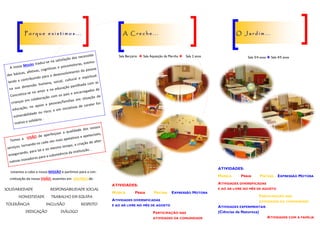 A nossa MISSÃO traduz-se na satisfação das necessida-
des básicas, afetivas, cognitivas e psicomotoras, estimu-
lando e contribuindo para o desenvolvimento da pessoa
na sua dimensão humana, social, cultural e espiritual.
Concretiza-se no amor e na educação partilhada com as
crianças em colaboração com os pais e encarregados de
educação; no apoio a pessoas/famílias em situação de
vulnerabilidade ou risco; e em iniciativas de carater for-
mativo e solidário .
P o r q u e e x i s t i m o s . . . A C r e c h e . . . O J a r d i m . . .
Sala Berçário  Sala Aquisição da Marcha Sala 2 anos
Temos a VISÃO de aperfeiçoar a qualidade dos nossos
serviços, tornando-os cada vez mais apelativos e apetecíveis,
assegurando, para tal e ao mesmo tempo, a criação de alter-
nativas inovadoras para a subsistência da instituição. .
Levamos a cabo a nossa MISSÃO e partimos para a con-
cretização da nossa VISÃO, assentes em VALORES de:
SOLIDARIEDADE RESPONSABILIDADE SOCIAL
HONESTIDADE TRABALHO EM EQUIPA
TOLERÂNCIA INCLUSÃO RESPEITO
DEDICAÇÃO DIÁLOGO
ATIVIDADES:
MÚSICA PRAIA PISCINA EXPRESSÃO MOTORA
ATIVIDADES DIVERSIFICADAS
E AO AR LIVRE NO MÊS DE AGOSTO
PARTICIPAÇÃO NAS
ATIVIDADES DA COMUNIDADE
Sala 3/4 anos  Sala 4/5 anos
ATIVIDADES:
MÚSICA PRAIA PISCINA EXPRESSÃO MOTORA
ATIVIDADES DIVERSIFICADAS
E AO AR LIVRE NO MÊS DE AGOSTO
PARTICIPAÇÃO NAS
ATIVIDADES DA COMUNIDADE
ATIVIDADES EXPERIMENTAIS
(Ciências da Natureza)
ATIVIDADES COM A FAMÍLIA
 