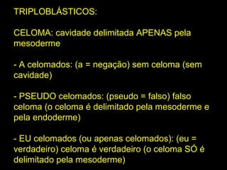 TRIPLOBLÁSTICOS:

CELOMA: cavidade delimitada APENAS pela
mesoderme

- A celomados: (a = negação) sem celoma (sem
cavidade)

- PSEUDO celomados: (pseudo = falso) falso
celoma (o celoma é delimitado pela mesoderme e
pela endoderme)

- EU celomados (ou apenas celomados): (eu =
verdadeiro) celoma é verdadeiro (o celoma SÓ é
delimitado pela mesoderme)
 