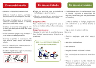 Em caso de incêndio
· Mantenha a calma, não grite nem corra.

Em caso de incêndio
· Ponha um lenço na cara, de preferência
molhado, para o ajudar a respirar.

· Emita de imediato o alarme, premindo a
· Não abra uma porta sem antes confirmar,
Botoneira Manual de Alarme mais próxima.
com a palma da mão se ela está quente.
· Comunique imediatamente a ocorrência,
utilizando os telefones internos ou externos Se a porta está fria:
descritos no verso deste folheto.
Abra-a lentamente mas preparado para a
fechar de imediato se houver fumo intenso ou
· Se o fogo for pequeno, tente apagá-lo com
os meios que tem ao seu alcance, sem correr chamas.
Se a porta está quente:
riscos inúteis.
Não saia. Do outro lado da porta há chamas e
· Se não conseguir apagar o fogo abandone o fogo. Assinale a sua presença dirigindo-se a
local, feche a porta e solicite ajuda.
uma janela.
· Se o fogo se prender às suas roupas, não
corra. Atire-se para o solo e role sobre si
próprio.
· Se ouvir uma explosão, deite-se no solo e
proteja a nuca com os braços.
· Se o fumo impedir a sua fuga, anuncie a sua
presença e aguarde o socorro.

SE O FOGO SE PRENDER ÀS SUAS

Em caso de evacuação
· Encaminhe-se calma e ordenadamente para
as saídas, seguindo a sinalização de
segurança e as instruções dos profissionais
da instituição.
· Auxilie os doentes, as crianças, as pessoas
com deficiências e os idosos durante a
evacuação.
· Siga os sinais de saída em silêncio.
Não corra.
· Caminhe agachado, para evitar respirar
fumo.
· Não utilize os elevadores.

ROUPAS APLIQUE A REGRA:

· Não volte atrás.
· Desça as escadas encostado à parede.
· Não pare na porta de saída. Esta deve estar
livre.
· Dirija-se ao ponto de reunião, indicado na
Planta de Emergência e situado no exterior
do edifício, ou outro que lhe for indicado.

 