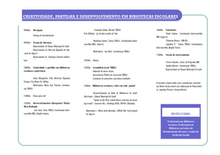 CRIATIVIDADE, PARTILHA E DESENVOLVIMENTO EM BIBIOTECAS ESCOLARES


09h00m     Recepção                                                    Fernanda Cunha, Docente THEKA                          16h00m     Conclusões
                                                         Prof. Bibliote, Ag. Escolas Castelo de Vide                                      Paulo Izidoro , Coordenador Interconcelhio
           Entrega de documentação
                                                                                                                              RBE (Algarve)
                                                                    Madalena Santos, Tutora THEKA , Coordenadora Inter-                   Filomena Branco , DREALG
09h30m     Sessão de Abertura
                                                         concelhia RBE( Algarve)                                                         Angelina P. ,Tutora THEKA, Coordenadora
           Representante de Câmara Municipal de Loulé                                                                         Interconcelhia (Região Norte)
           Representante de Direcção Regional de Edu-
                                                                    Moderadora - Ana Melo , Coordenação THEKA
cação do Algarve
                                                                                                                              17h00m     Sessão de encerramento
           Representante de Fundação Calouste Gulben-
kian                                                     12h30m Almoço
                                                                                                                                         Teresa Calçada , Coord. do Programa RBE
                                                                                                                                         Amália Bárrios , Coordenação THEKA
10h00m Criatividade e partilha em bibliotecas            14h30m Assembleia Geral THEKA
                                                                                                                                         Representante da Câmara Municipal de Loulé
escolares: conferência                                          Admissão de novos sócios.
                                                                Apresentação Pública da Associação THEKA
           Luísa Marquardt, IASL, Directora Regional            Assinatura de protocolos com outras entidades
Europa, Univ.Roma Tre (Itália)                                                                                                O encontro contará ainda com a actualização constante
           Moderadora- Maria José Vitorino, Coordena-    15h00m Bibliotecas escolares, redes em rede : painel                 nas Redes Sociais através da colaboração de Paulo Izido-
ção THEKA                                                                                                                     ro, Angelina Pereira e Susana Bárrios.
                                                                     Desenvolvimento da Rede de Bibliotecas de Loulé,
11h00m     Pausa para café                               João Lopes , Câmara Municipal de Loulé
                                                                     “Spider in the Web: school library networks for learn-
11h30m Desenvolvimentos Emergentes Theka:                ing results”, Lourense Das , Stichting ENSIL, LWSVO ( Holanda)
Mesa Redonda
            José Saro, Tutor THEKA, Coordenador Inter-     Moderadora – Maria João Barradas, APBAD, Bib. Universidade
concelhio RBE ( Região Centro)                             do Algarve,                                                                          DESTINATÁRIOS:

                                                                                                                                           Profissionais das Bibliotecas
                                                                                                                                            Escolares, Profissionais de
                                                                                                                                             Bibliotecas ou Centros de
                                                                                                                                       Documentação, Docentes e órgãos de
                                                                                                                                                Gestão das Escolas
 