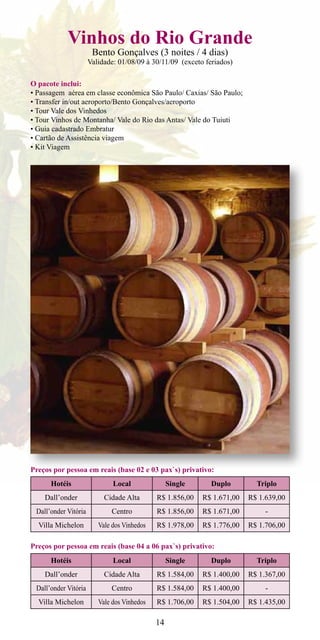 Vinhos do Rio Grande
                       Bento Gonçalves (3 noites / 4 dias)
                      Validade: 01/08/09 à 30/11/09 (exceto feriados)

O pacote inclui:
• Passagem aérea em classe econômica São Paulo/ Caxias/ São Paulo;
• Transfer in/out aeroporto/Bento Gonçalves/aeroporto
• Tour Vale dos Vinhedos
• Tour Vinhos de Montanha/ Vale do Rio das Antas/ Vale do Tuiuti
• Guia cadastrado Embratur
• Cartão de Assistência viagem
• Kit Viagem




Preços por pessoa em reais (base 02 e 03 pax`s) privativo:
      Hotéis                  Local               Single      Duplo        Triplo
    Dall’onder             Cidade Alta       R$ 1.856,00   R$ 1.671,00   R$ 1.639,00
 Dall’onder Vitória          Centro          R$ 1.856,00   R$ 1.671,00        -
  Villa Michelon         Vale dos Vinhedos   R$ 1.978,00   R$ 1.776,00   R$ 1.706,00

Preços por pessoa em reais (base 04 a 06 pax`s) privativo:
      Hotéis                  Local               Single      Duplo        Triplo
    Dall’onder             Cidade Alta       R$ 1.584,00   R$ 1.400,00   R$ 1.367,00
 Dall’onder Vitória          Centro          R$ 1.584,00   R$ 1.400,00        -
  Villa Michelon         Vale dos Vinhedos   R$ 1.706,00   R$ 1.504,00   R$ 1.435,00

                                             14
 