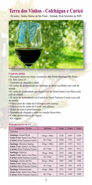 Terra dos Vinhos - Colchágua e Curicó
 04 noites - Saídas Diárias de São Paulo - Validade 30 de Setembro de 2009




O pacote inclui:
• Passagem aérea em classe econômica São Paulo/Santiago/São Paulo –
Cia Tam classe X
• Traslados de chegada e saída
• 02 noites de acomodação em Santiago no hotel escolhido com café da
manhã
• 01 noite de acomodação em Santa Cruz no Hotel Santa Cruz Plaza com
café da manhã
• 01 noite de acomodação em Curicó no Hotel Turismo Curicó com café
da manhã
• Visita a rota do vinho de Colchagua com almoço
• Visita a rota do vinho de Curicó com almoço
• Ticket de trem Curicó/Santiago
• Traslados de chegada e saída na estação ferroviária
• Cartão de assistência de viagem
• Kit viagem

Preço por pessoa em U$
      Categorias / Hotéis          Validade       Single   Duplo    Triplo
 Turística
 Santiago: Grand Hyatt           18Ago - 30Set     2338     1693     1559
 Santa Cruz: Santa Cruz Plaza
 Curicó: Hotel Turismo Curicó     até 17Ago        2436     1791     1657
 Santiago: Sheraton Santiao      18Ago - 30Set     2043     1553     N/A
 Santa Cruz: Santa Cruz Plaza
 Curicó: Hotel Turismo Curicó     até 17Ago        2141     1651     N/A
 Santiago: Galerias              18Ago - 30Set     1875     1465     1386
 Santa Cruz: Santa Cruz Plaza
 Curicó: Hotel Turismo Curicó     até 17Ago        1973     1563     1484
 Santiago: Alcala del Rio        18Ago - 30Set     1847     1464     1380
 Santa Cruz: Santa Cruz Plaza
 Curicó: Hotel Turismo Curicó     até 17Ago        1945     1561     1478
 Santiago: Panamericano          18Ago - 30Set     1815     1447     1350
 Santa Cruz: Santa Cruz Plaza
 Curicó: Hotel Turismo Curicó     até 17Ago        1913     1545     1448

                                     6
 