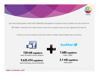 720 mil720 mil seguidoresseguidores 7.6807.680 seguidoresseguidores
www.facebook.com.br/sbtpara @SBT_PARA
9.635.4749.635.474 seguidoresseguidores
www.facebook.com.br/sbtonline
3,1 mil3,1 mil seguidoresseguidores
@SBTonline
Dados de Dezembro 2015
Converse com seu contato comercial e avaliei a melhor oportunidade para sua marca.
Sua marca pode ganhar ainda mais visibilidade agregando aos projetos ações casadas nas redes sociais do
SBT PARÁ. A emissora com maior alcance seja entre as opções locais ou das regionais do Grupo SS.
 