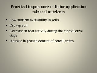 Practical importance of foliar application
mineral nutrients
• Low nutrient availability in soils
• Dry top soil
• Decrease in root activity during the reproductive
stage
• Increase in protein content of cereal grains
 