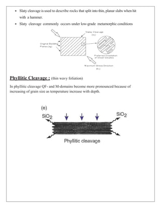 Slaty cleavage is used to describe rocks that split into thin, planar slabs when hit
with a hammer.
 Slaty cleavage commonly occurs under low-grade metamorphic conditions
Phyllitic Cleavage : (thin wavy foliation)
In phyllitic cleavage QF- and M-domains become more pronounced because of
increasing of grain size as temperature increase with depth.
 