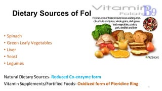 Dietary Sources of Folate
• Spinach
• Green Leafy Vegetables
• Liver
• Yeast
• Legumes
Natural Dietary Sources- Reduced Co-enzyme form
Vitamin Supplements/Fortified Foods- Oxidized form of Pteridine Ring 11
 