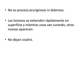 • No es proceso pruriginoso ni doloroso.
• Las lesiones se extienden rápidamente en
superficie y mientras unas van curando, otras
nuevas aparecen.
• No dejan cicatriz.