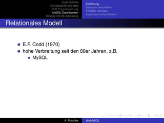 Erste Schritte
                                             Einführung
                 Grundbegriffe des Web
                                             Überblick verschaffen
                  PHP Programmierung
                                             Einfache Abfragen
                   MySQL Datenbanken
                                             Ergebnisse einschränken
               Website mit DB-Anbindung


Relationales Modell


     E.F. Codd (1970)
     hohe Verbreitung seit den 80er Jahren, z.B.
         MySQL




                              K. Puschke     phpMySQL
 
