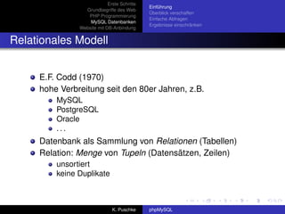 Erste Schritte
                                             Einführung
                 Grundbegriffe des Web
                                             Überblick verschaffen
                  PHP Programmierung
                                             Einfache Abfragen
                   MySQL Datenbanken
                                             Ergebnisse einschränken
               Website mit DB-Anbindung


Relationales Modell


     E.F. Codd (1970)
     hohe Verbreitung seit den 80er Jahren, z.B.
         MySQL
         PostgreSQL
         Oracle
         ...
     Datenbank als Sammlung von Relationen (Tabellen)
     Relation: Menge von Tupeln (Datensätzen, Zeilen)
         unsortiert
         keine Duplikate



                              K. Puschke     phpMySQL
 