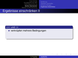 Erste Schritte
                                             Einführung
                 Grundbegriffe des Web
                                             Überblick verschaffen
                  PHP Programmierung
                                             Einfache Abfragen
                   MySQL Datenbanken
                                             Ergebnisse einschränken
               Website mit DB-Anbindung


Ergebnisse einschränken II




  AND und OR
      verknüpfen mehrere Bedingungen




                              K. Puschke     phpMySQL
 