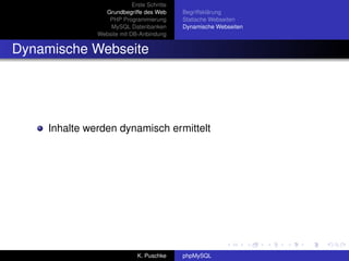 Erste Schritte
                 Grundbegriffe des Web       Begriffsklärung
                  PHP Programmierung         Statische Webseiten
                   MySQL Datenbanken         Dynamische Webseiten
               Website mit DB-Anbindung


Dynamische Webseite




     Inhalte werden dynamisch ermittelt




                              K. Puschke     phpMySQL
 