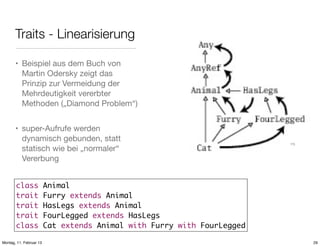 Traits - Linearisierung
• Beispiel aus dem Buch von
Martin Odersky zeigt das
Prinzip zur Vermeidung der
Mehrdeutigkeit vererbter
Methoden („Diamond Problem“)
• super-Aufrufe werden
dynamisch gebunden, statt
statisch wie bei „normaler“
Vererbung
class
trait
trait
trait
class
Montag, 11. Februar 13

11)

Animal
Furry extends Animal
HasLegs extends Animal
FourLegged extends HasLegs
Cat extends Animal with Furry with FourLegged
29

 