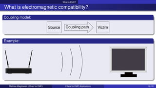 What is EMC?
What is electromagnetic compatibility?
Coupling model:
Source Coupling path Victim
Example:
Mathias Magdowski (Chair for EMC) Filters for EMC Applications 16 / 61
 