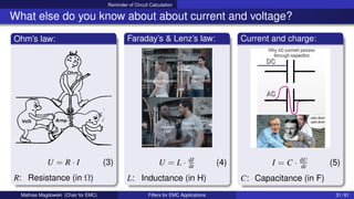 Reminder of Circuit Calculation
What else do you know about about current and voltage?
Ohm’s law:
U = R · I (3)
R: Resistance (in Ω)
Faraday’s & Lenz’s law:
U = L · dI
dt (4)
L: Inductance (in H)
Current and charge:
I = C · dU
dt (5)
C: Capacitance (in F)
Mathias Magdowski (Chair for EMC) Filters for EMC Applications 31 / 61
 