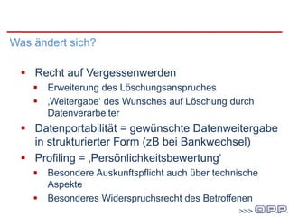 DatenschutzgrundVO
Was ändert sich?
 Recht auf Vergessenwerden
 Erweiterung des Löschungsanspruches
 ‚Weitergabe‘ des Wunsches auf Löschung durch
Datenverarbeiter
 Datenportabilität = gewünschte Datenweitergabe
in strukturierter Form (zB bei Bankwechsel)
 Profiling = ‚Persönlichkeitsbewertung‘
 Besondere Auskunftspflicht auch über technische
Aspekte
 Besonderes Widerspruchsrecht des Betroffenen
 