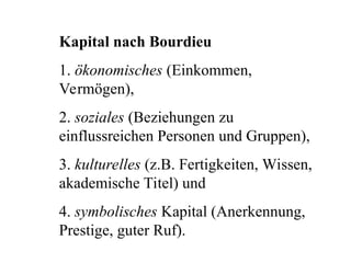 Kapital nach Bourdieu
1. ökonomisches (Einkommen,
Vermögen),
2. soziales (Beziehungen zu
einflussreichen Personen und Gruppen),
3. kulturelles (z.B. Fertigkeiten, Wissen,
akademische Titel) und
4. symbolisches Kapital (Anerkennung,
Prestige, guter Ruf).
 