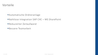13.12.2022 © 2022 - IBsolution GmbH 20
Vorteile
▪Automatische Ordneranlage
▪Nahtlose Integration SAP C4C – MS SharePoint
▪Reduzierter Zeitaufwand
▪Bessere Teamarbeit
 