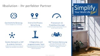 6
Ganzheitliche Beratung
Von der Strategie bis zur Umsetzung
End-to-End Prozess
Betrachtung
stets den Projekterfolg im Blick
Praxiswissen als
Projektbeschleuniger
Templates, Business Content & Best Practices,
aus der Praxis für die Praxis
Starkes Netzwerk zu SAP
& anderen Partnern
Kollaboration als Schlüssel zum Erfolg und
Zugang zu den aktuellsten Informationen
Erfolgreiches und
ausgezeichnetes Team
Hohe Kundenzufriedenheit, Bereitschaft zur
Weiterempfehlung und Auszeichnungen
externer Institutionen
360° Rundum Betreuung
Vom ersten Workshop über Projekte,
Paketangebote und Produkte bis hin zum
Application Management (Customer
Success)
IBsolution - Ihr perfekter Partner
© 2022 - IBsolution GmbH
 