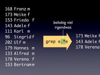 grep -v e.*e
168	Franz	
m
173	Meike	
f
153	Frieda	 f
143	Adele	
f
111	Karl	 m
96	 Siegrid	
f
202	Ulf	m
179	Hannes	 m
133	A...
