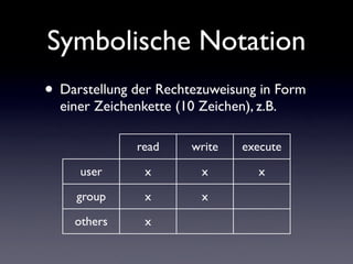 Symbolische Notation
• Darstellung der Rechtezuweisung in Form
einer Zeichenkette (10 Zeichen), z.B.
read write execute
user x x x
group x x
others x
 