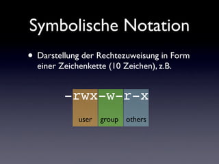 Symbolische Notation
• Darstellung der Rechtezuweisung in Form
einer Zeichenkette (10 Zeichen), z.B.
user group others
-rwx-w-r-x
 