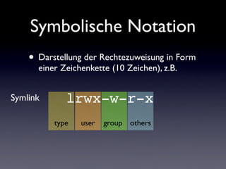 Symbolische Notation
• Darstellung der Rechtezuweisung in Form
einer Zeichenkette (10 Zeichen), z.B.
user group others
lrwx-w-r-x
type
Symlink
 