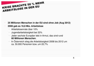 50 % MEHR
       R ACHTE
KRISE B OSE IN DER EU
       SL
ARBEIT



 •
     25 Millionen Menschen in der EU sind ohne Job (Aug 2012)
 •
     2008 gab es 16,8 Mio. Arbeitslose
      –
        Arbeitslosenrate über 10%
      –
        Jugendarbeitslosigkeit bei 22%
      –
        Jeder sechste Europäer lebt in Armut, das sind rund
        80 Millionen Menschen.
      –
        In Österreich stieg die Arbeitslosigkeit 2008 bis 2012 um
        ca. 50.000 Personen bzw. um 22,7%




                                                                    4
 