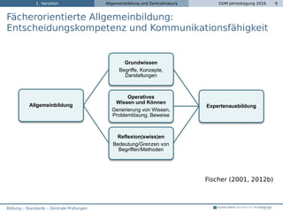 1. Variation Allgemeinbildung und Zentralmatura GDM Jahrestagung 2016 9
Fächerorientierte Allgemeinbildung:
Entscheidungskompetenz und Kommunikationsfähigkeit
Mathematik
Wozu Modellieren? Position 3: Fischer
Was soll man  (im Prozess der Bildung) getan haben?
vs.
Was soll (als Ergebnis des Prozesses) über bleiben?
Expertenausbildung
Grundwissen
Begriffe, Konzepte,
Darstellungen
Expertenausbildung
Operatives
Wissen und Können
Generierung von Wissen,
Problemlösung, Beweise
Reflexion(swiss)en
Bedeutung/Grenzen von
Begriffen/Methoden
Allgemeinbildung
Fischer (2001, 2012b)
Bildung – Standards – Zentrale Prüfungen
 