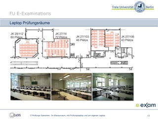 FU E-Examinations

Laptop Prüfungsräume

JK 28/112                            JK 27/14
60 Plätze                            72 Plätze             JK 27/103                         JK 27/106
                                                           46 Plätze                         43 Plätze




            E-Prüfungs-Szenarien: Im Klausurraum, mit Prüfungslaptop und am eigenen Laptop               12
 