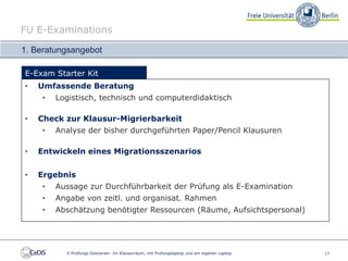 FU E-Examinations

1. Beratungsangebot

E-Exam Starter Kit
•   Umfassende Beratung
    •   Logistisch, technisch und computerdidaktisch

•   Check zur Klausur-Migrierbarkeit
    •   Analyse der bisher durchgeführten Paper/Pencil Klausuren

•   Entwickeln eines Migrationsszenarios


•   Ergebnis
    •   Aussage zur Durchführbarkeit der Prüfung als E-Examination
    •   Angabe von zeitl. und organisat. Rahmen
    •   Abschätzung benötigter Ressourcen (Räume, Aufsichtspersonal)




          E-Prüfungs-Szenarien: Im Klausurraum, mit Prüfungslaptop und am eigenen Laptop   17
 
