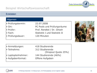 Beispiel Wirtschaftswissenschaft

Eckdaten

Allgemein
•   Prüfungstermin:                      22.07.2008
•   Ort:                                 PC Pools und Prüfungsräume
•   Prüfer:                              Prof. Rendtel / Dr. Ghosh
•   Fach:                                Statistik I und Statistik II
•   Prüfungsdauer:                       120 Minuten



• Anmeldungen:                           418 Studierende
• Teilnahme:                             312 Studierende
                                                 (Dropout Quote 25%)
• Laptopteilnehmer:                      144 Studierende (46%)
• Aufgabenformat:                        Offene Aufgaben




             E-Prüfungs-Szenarien: Im Klausurraum, mit Prüfungslaptop und am eigenen Laptop   34
 