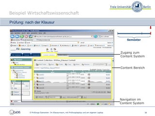 Beispiel Wirtschaftswissenschaft

Prüfung: nach der Klausur



                                                                                                Semester




                                                                                            Zugang zum
                                                                                            Content System


                                                                                            Content Bereich




                                                                                            Navigation im
                                                                                            Content System


           E-Prüfungs-Szenarien: Im Klausurraum, mit Prüfungslaptop und am eigenen Laptop                    38
 