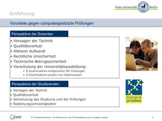 Einführung

Vorurteile gegen computergestützte Prüfungen

Perspektive der Dozenten
•   Versagen der Technik
•   Qualitätsverlust
•   Höherer Aufwand
•   Rechtliche Unsicherheit
•   Technische Betrugssicherheit
•   Verschulung der Universitätsausbildung:
         • E-Examinations entsprechen MC Prüfungen
         • E-Examinations prüfen nur Faktenwissen


Perspektive der Studierenden
•   Versagen der Technik
•   Qualitätsverlust
•   Verschulung des Studiums und der Prüfungen
•   Bedienungsschwierigkeiten



              E-Prüfungs-Szenarien: Im Klausurraum, mit Prüfungslaptop und am eigenen Laptop   5
 