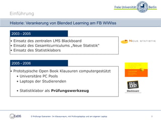 Einführung

Historie: Verankerung von Blended Learning am FB WiWiss

2003 - 2005

• Einsatz des zentralen LMS Blackboard
• Einsatz des Gesamtcurriculums „Neue Statistik“
• Einsatz des Statistiklabors


2005 - 2006

• Prototypische Open Book Klausuren computergestützt
    • Universitäre PC Pools
    • Laptops der Studierenden

   • Statistiklabor als Prüfungswerkzeug




              E-Prüfungs-Szenarien: Im Klausurraum, mit Prüfungslaptop und am eigenen Laptop   7
 