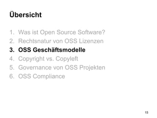 Übersicht
1. Was ist Open Source Software?
2. Rechtsnatur von OSS Lizenzen
3. OSS Geschäftsmodelle
4. Copyright vs. Copyleft
5. Governance von OSS Projekten
6. OSS Compliance
15
 
