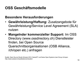 OSS Geschäftsmodelle
Besondere Herausforderungen
• Gewährleistung/Haftung: Zusatzangebote für
Gewährleistung/Service Level Agreement (SLA)
nutzen
• Mangelnder kommerzieller Support: Im OSS
Directory (www.ossdirectory.ch) Dienstleister
finden, bei Open Source
Querschnittsorganisationen (OSB Alliance,
/ch/open etc.) anfragen
Quelle: Open Source Studie Schweiz 2012, SwissICT und Swiss Open Systems User Group /ch/open
http://www.swissict.ch/publikationen/studien/
19
 