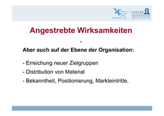 Angestrebte WirksamkeitenAngestrebte Wirksamkeiten
.
Aber auch auf der Ebene der Organisation:
- Erreichung neuer Zielgruppen
Distribution von Material- Distribution von Material
- Bekanntheit, Positionierung, Markteintritte,
Claudia Bremer7 eLearning - Wirksamkeit und Wirtschaftlichkeit
 