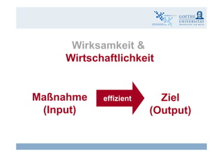 Wi k k it &Wirksamkeit &
WirtschaftlichkeitWirtschaftlichkeit
ffi i t ZielMaßnahme effizient Ziel
(Output)
Maßnahme
(Input) ( p )( p )
Claudia Bremer8 eLearning - Wirksamkeit und Wirtschaftlichkeit
 