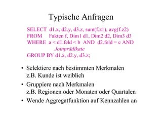 Typische Anfragen
  SELECT d1.x, d2.y, d3.z, sum(f.z1), avg(f.z2)
  FROM Fakten f, Dim1 d1, Dim2 d2, Dim3 d3
  WHERE a < d1.feld < b AND d2.feld = c AND
           Joinprädikate
  GROUP BY d1.x, d2.y, d3.z;

• Selektiere nach bestimmten Merkmalen
  z.B. Kunde ist weiblich
• Gruppiere nach Merkmalen
  z.B. Regionen oder Monaten oder Quartalen
• Wende Aggregatfunktion auf Kennzahlen an
 