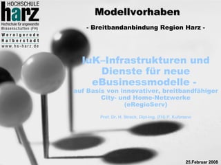 Modellvorhaben
   - Breitbandanbindung Region Harz -




  IuK–Infrastrukturen und
     Dienste für neue
    eBusinessmodelle -
auf Basis von innovativer, breitbandfähiger
        City- und Home-Netzwerke
               (eRegioServ)
       Prof. Dr. H. Strack, Dipl-Ing. (FH) P. Kußmann




                                                  25.Februar 2008
 